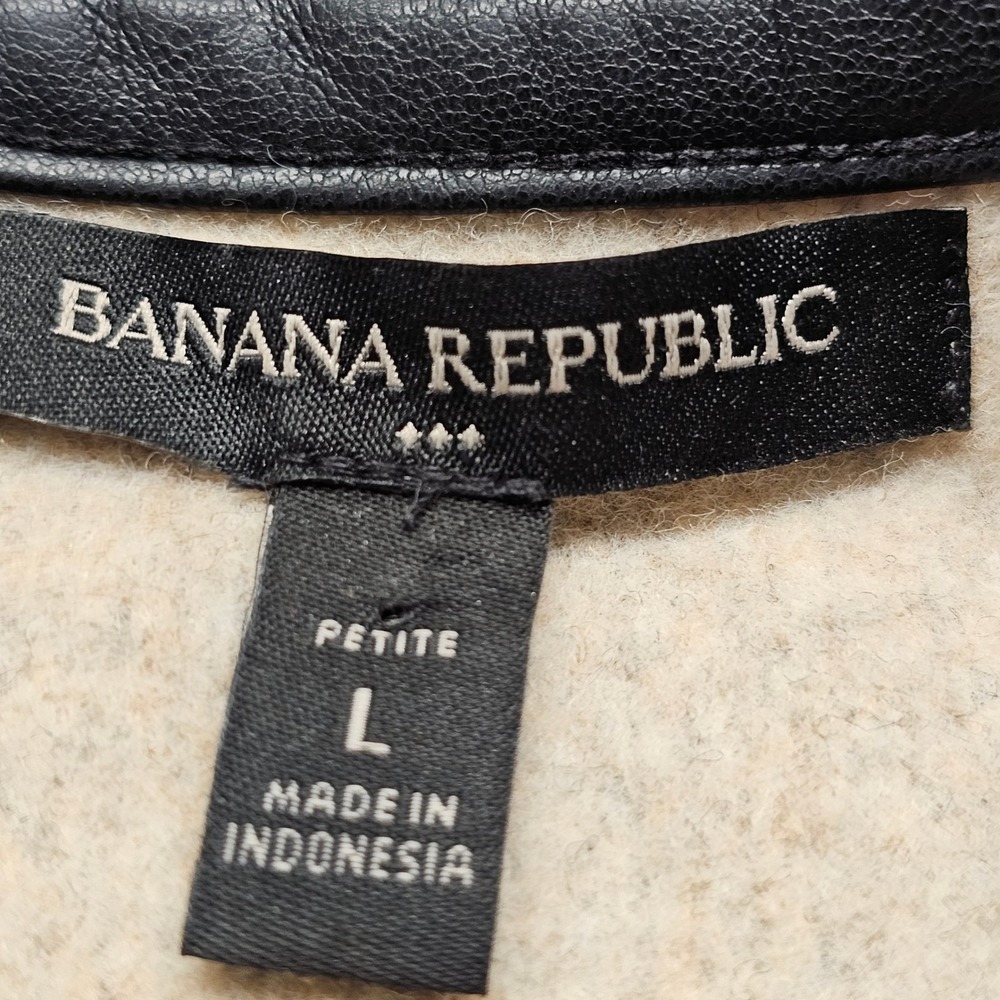 Banana Republic Petite Large Beige Textured Open Front Jacket Faux Leather Trim - Picture 7 of 10